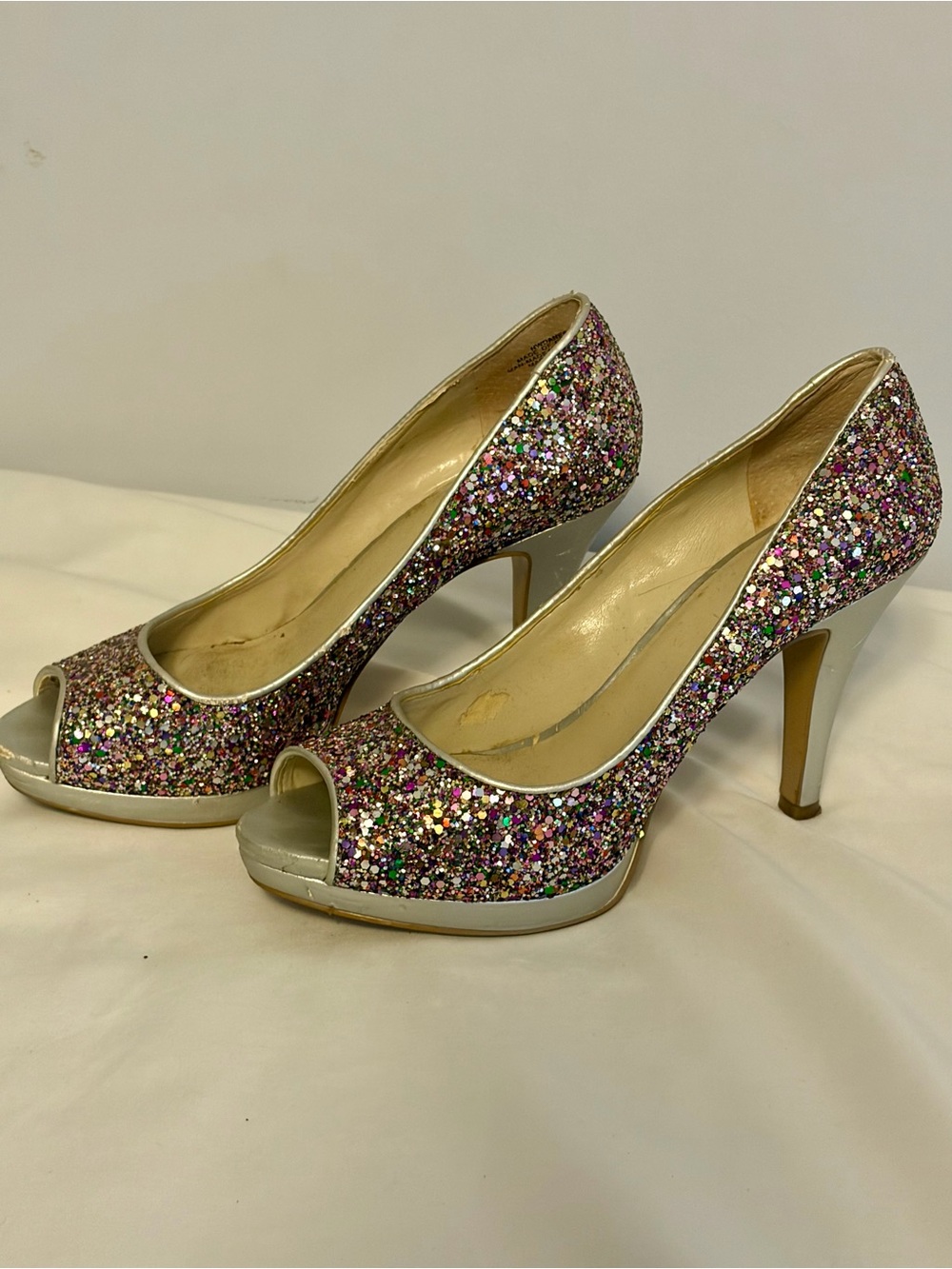Nine West Multicolor Glitter Peep-Toe Heels with Silver Trim